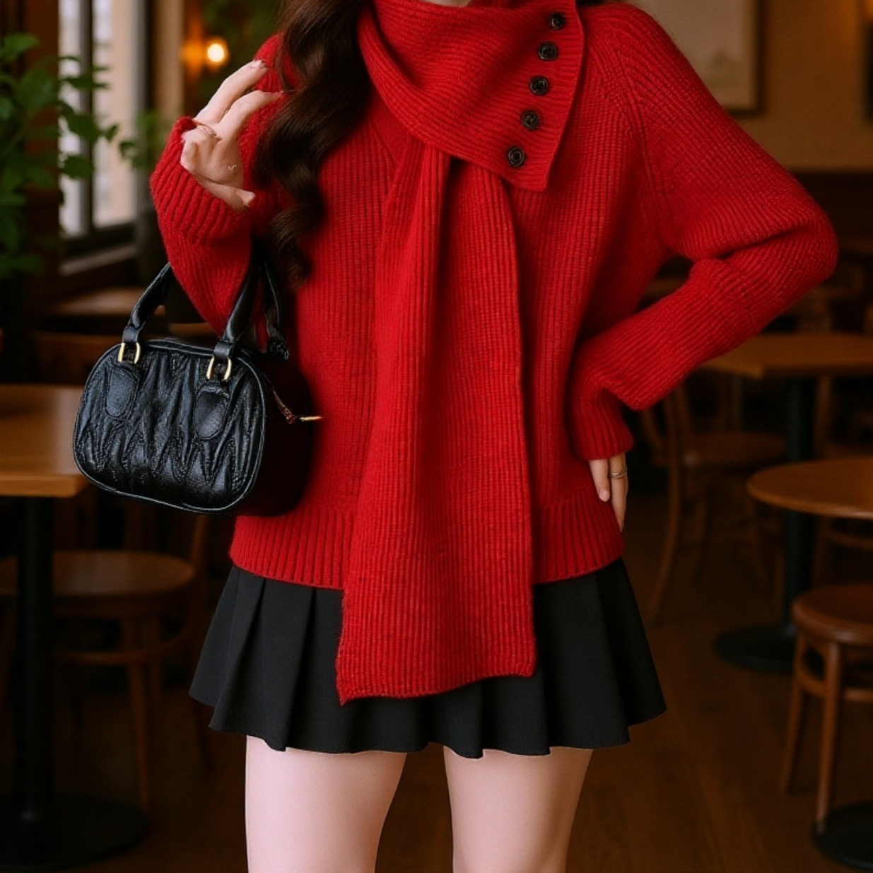 取り外し可能なスカーフ付きVネックレディースニット全体画像