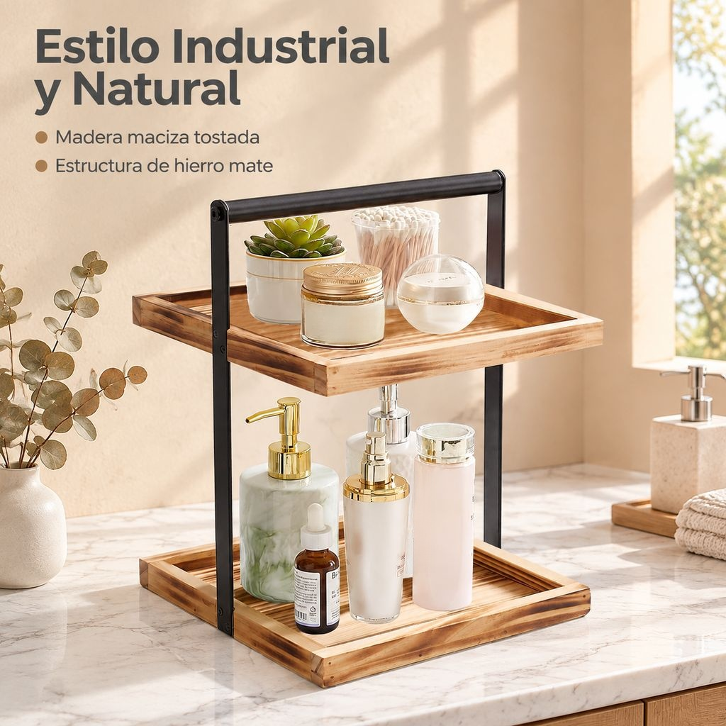 Estante de baño transfronterizo Estante de almacenamiento de doble capa combinado con hierro y mader