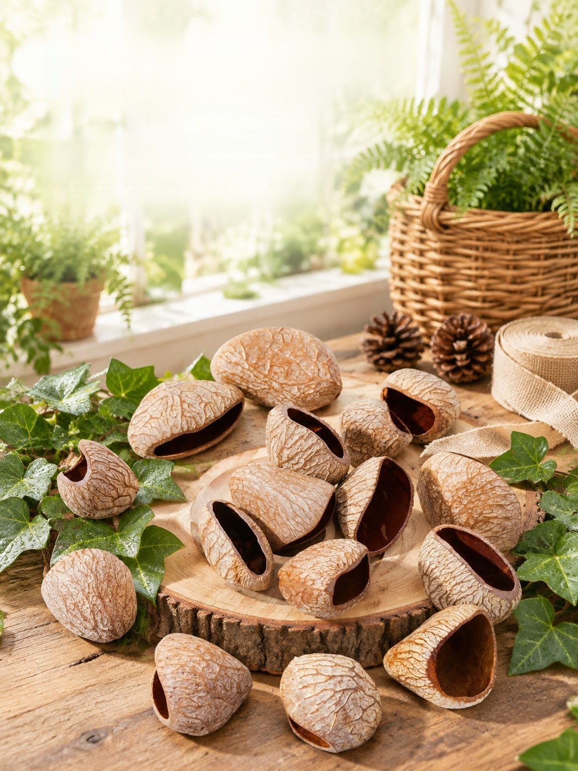 Close-up of natural nut shells used in craft decorations