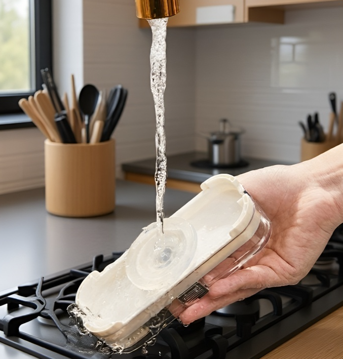 排水口にフィルターラックを装着する様子