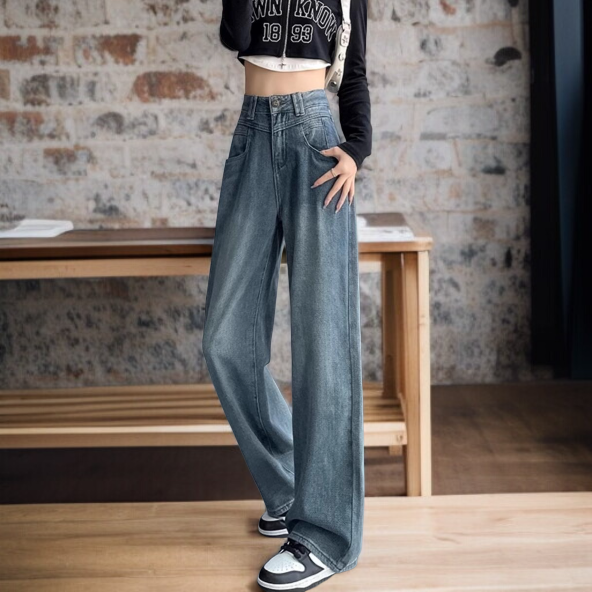 하이웨스트 슬림 와이드 팬츠 일자핏 데님 팬츠 여자 별 와이드 팬츠