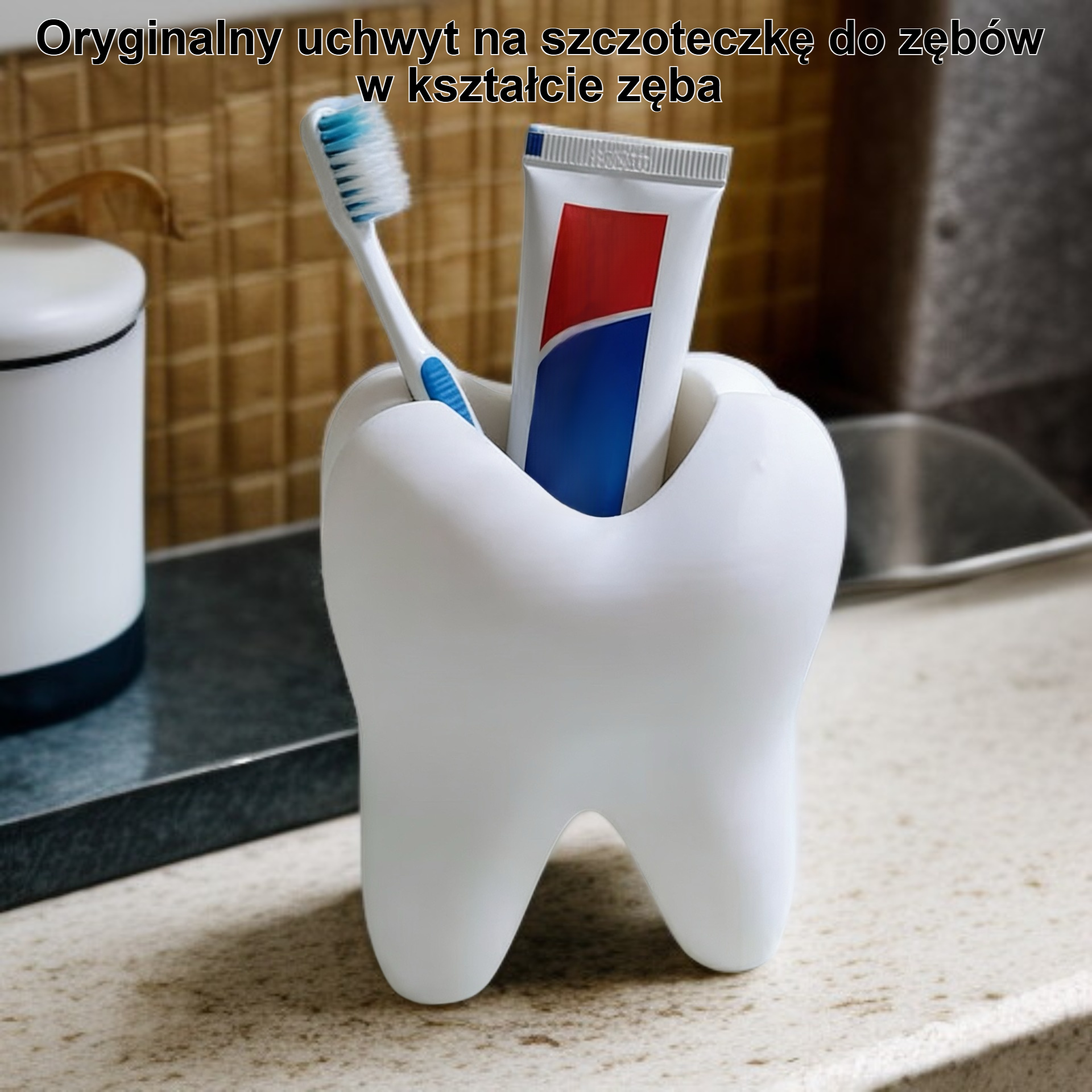 Wydrukowany w 3D uchwyt na szczoteczkę do zębów w kształcie zęba, biały