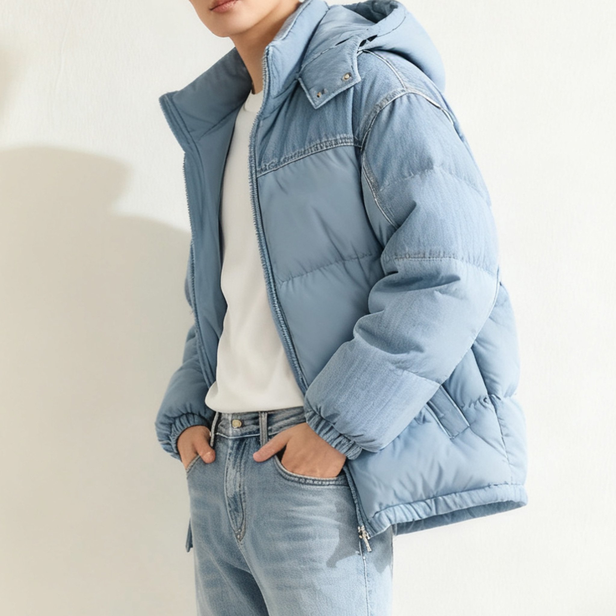 트렌디 블루 숏 다운 코트 전체 이미지