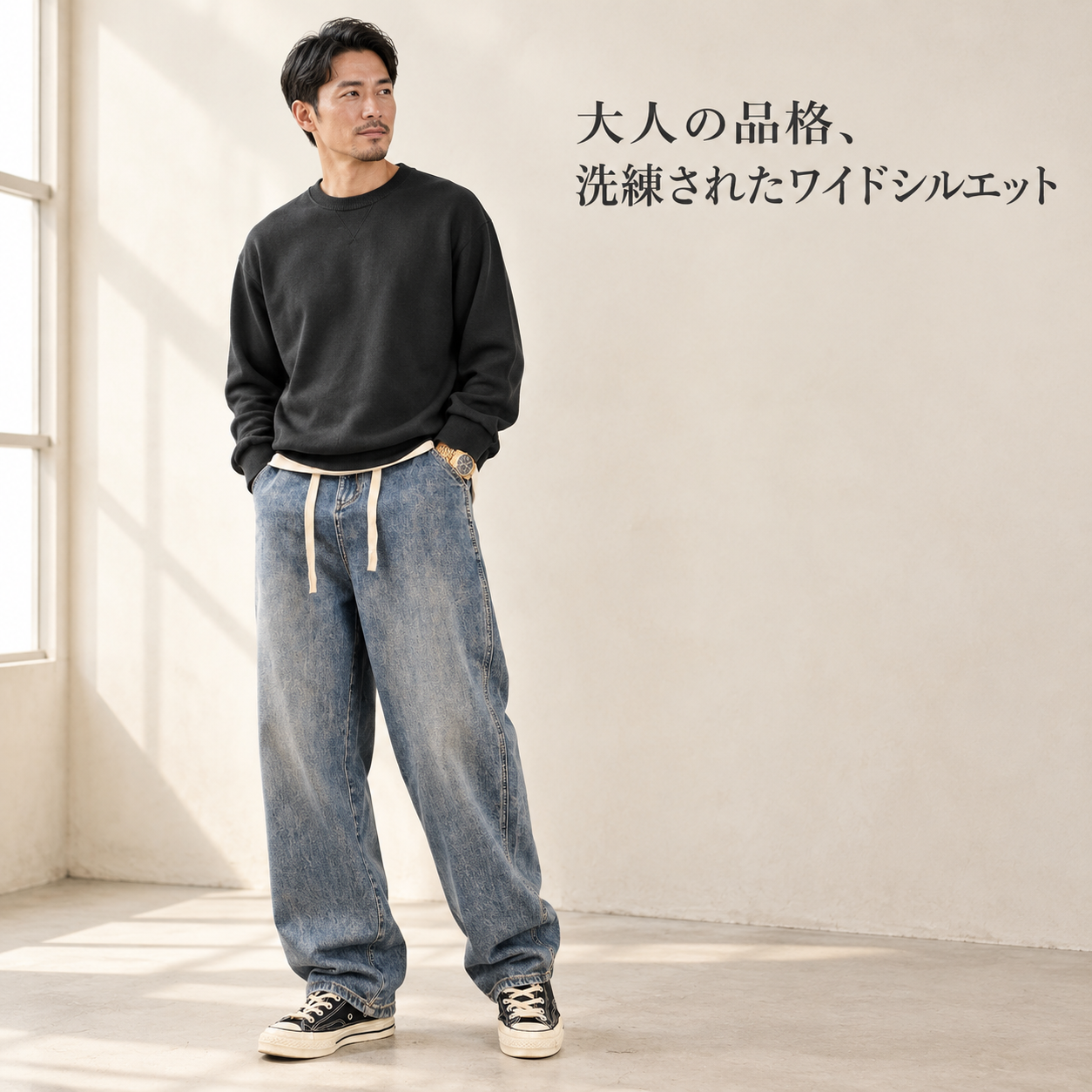 春秋メンズルーズヴィンテージ加工ジーンズ
