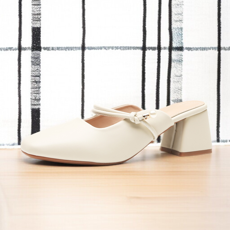 夏用レディーススリッパ。フレンチスタイルの厚底ヒール、つま先閉じサンダル。レザーハーフスリップサンダル。レトロなファッション、スカート付きサンダル。アプリコットハイヒールサンダル。