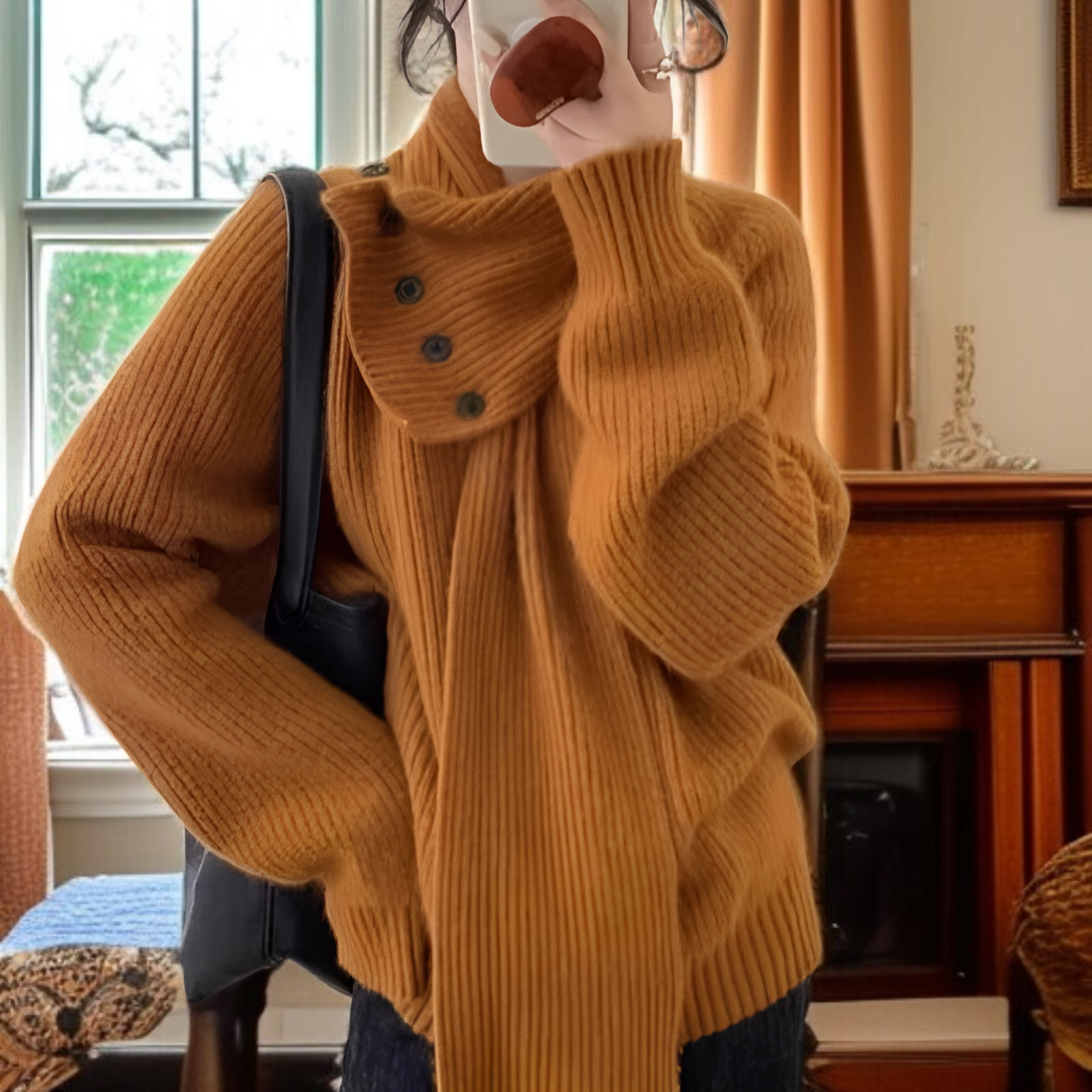 2025年新作 取り外し可能なスカーフ付きVネックセーター レディース 秋冬 ゆったりとしたハイエンドニットトップス