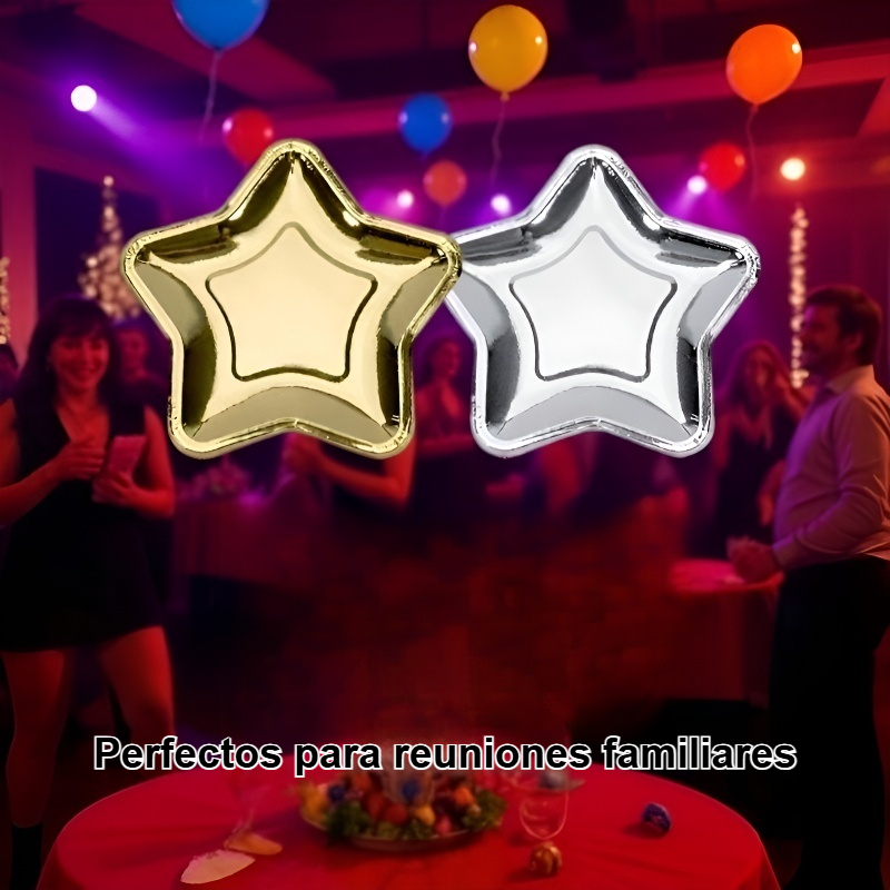 Platos de papel navideños con diseño de estrellas plateadas