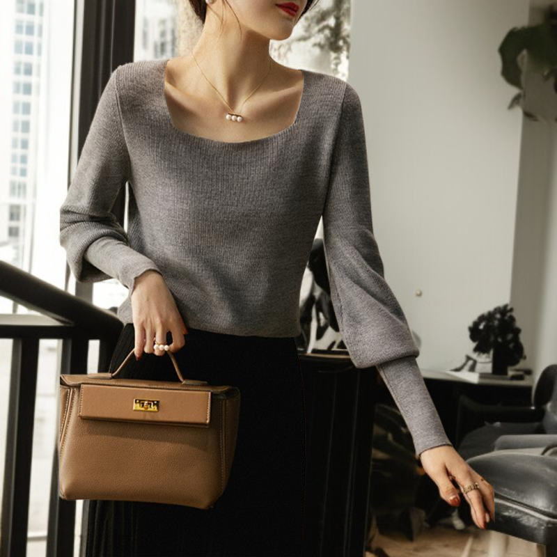 ジャンパー女性気質ニットボトムシャツスクエアネックランタンスリーブニットウェアエレガントなインナートップス