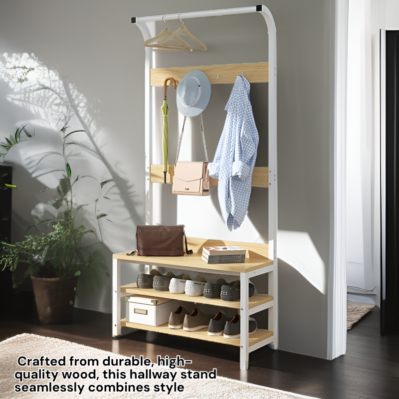 Wooden Hallway Stand with Integrated Hooks and Shoe Rack