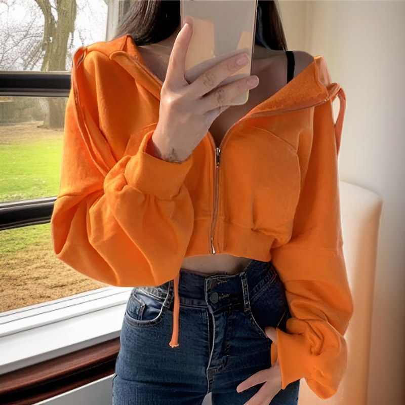 سترة نسائية جديدة للخريف بأكمام طويلة وغطاء رأس وسحاب، رائجة في أوروبا وأمريكا