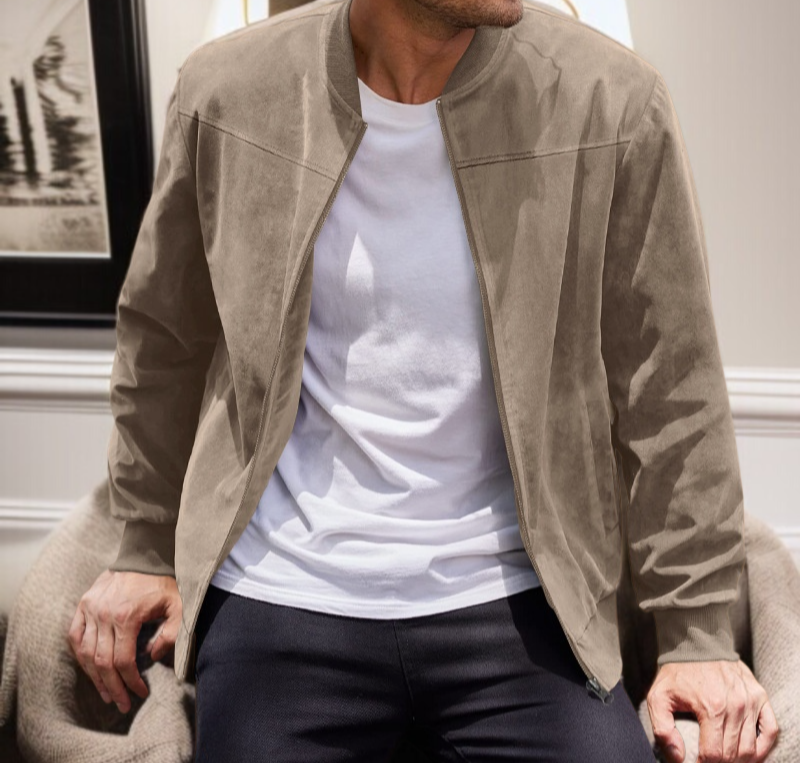 Model wearing men's suede long sleeved jacket