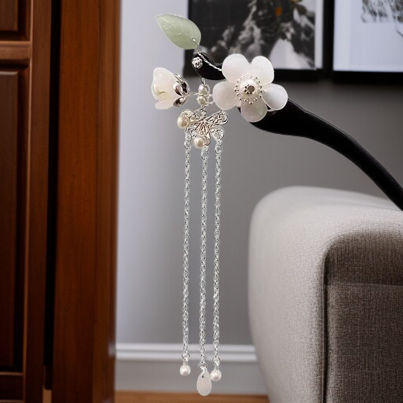 古風かんざし 流蘇付き木製簪 女性用 黒檀風 ヘアアクセサリー 漢服用髪飾り