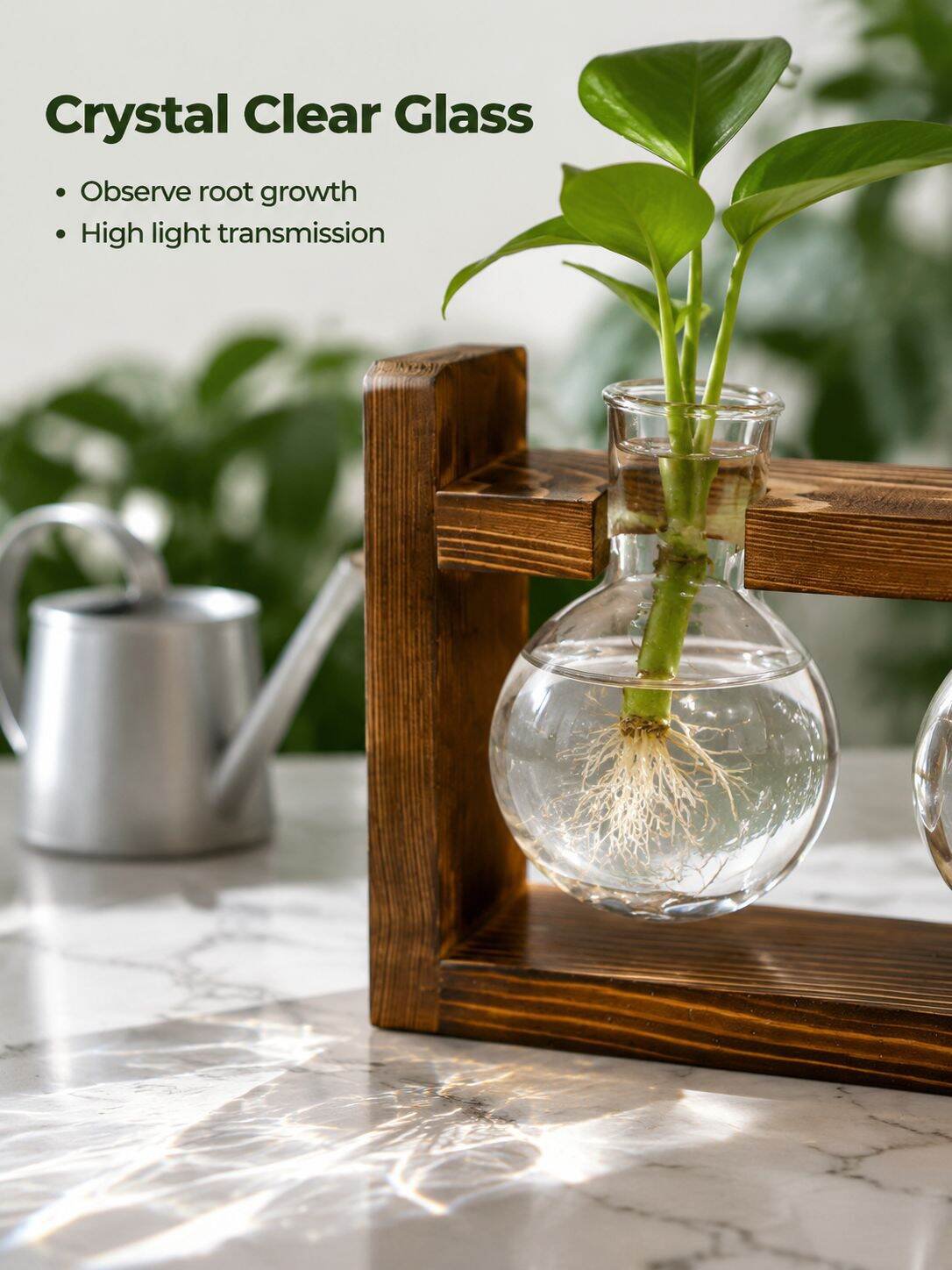 Home Glass Bottle Wooden Frame Hydroponic Plant Vase for Living Room Decor