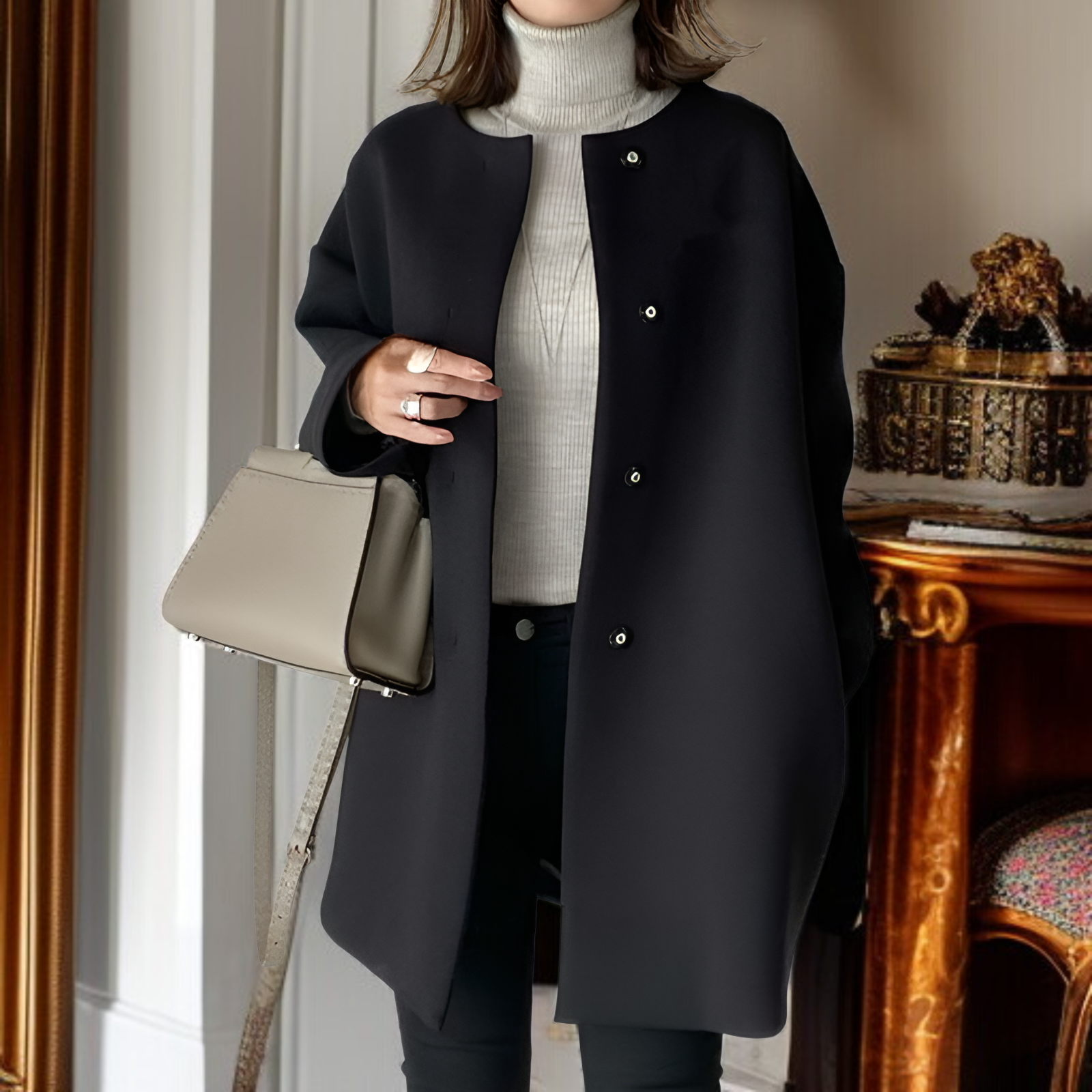 上質なゆったりとした和風ストレートカットコート、レディース、秋冬、上品な無地、シンプルなウールオーバーコート。