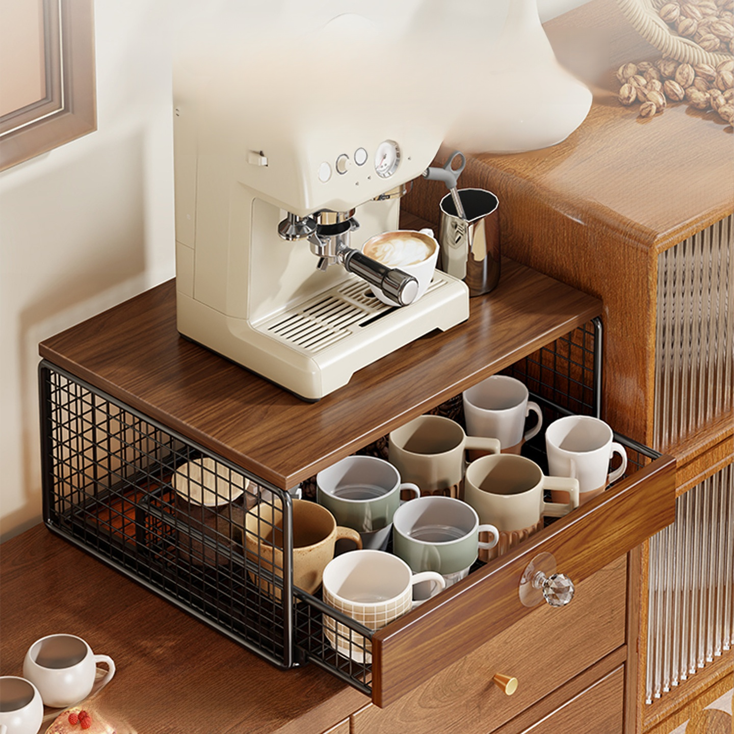 커피머신 수납 선반 원목 스타일 모던 티백 테이블 데스크탑 선반 바테이블 컵홀더