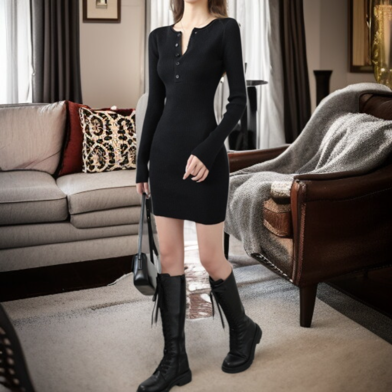 スリム見え ブラックニットワンピース 秋の新作 おしゃれ雰囲気