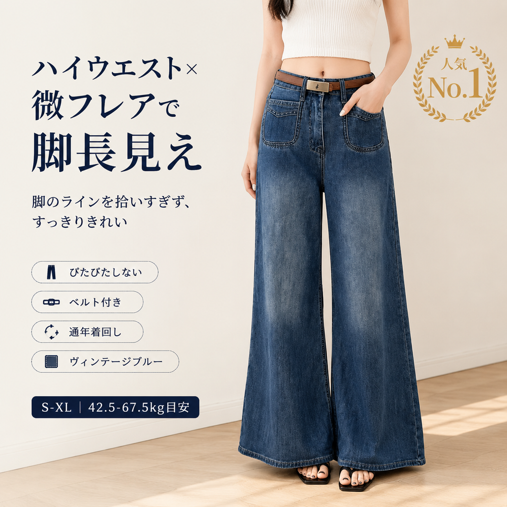 Monolly ヴィンテージ風 ハイウエスト 美脚セミフレアデニム