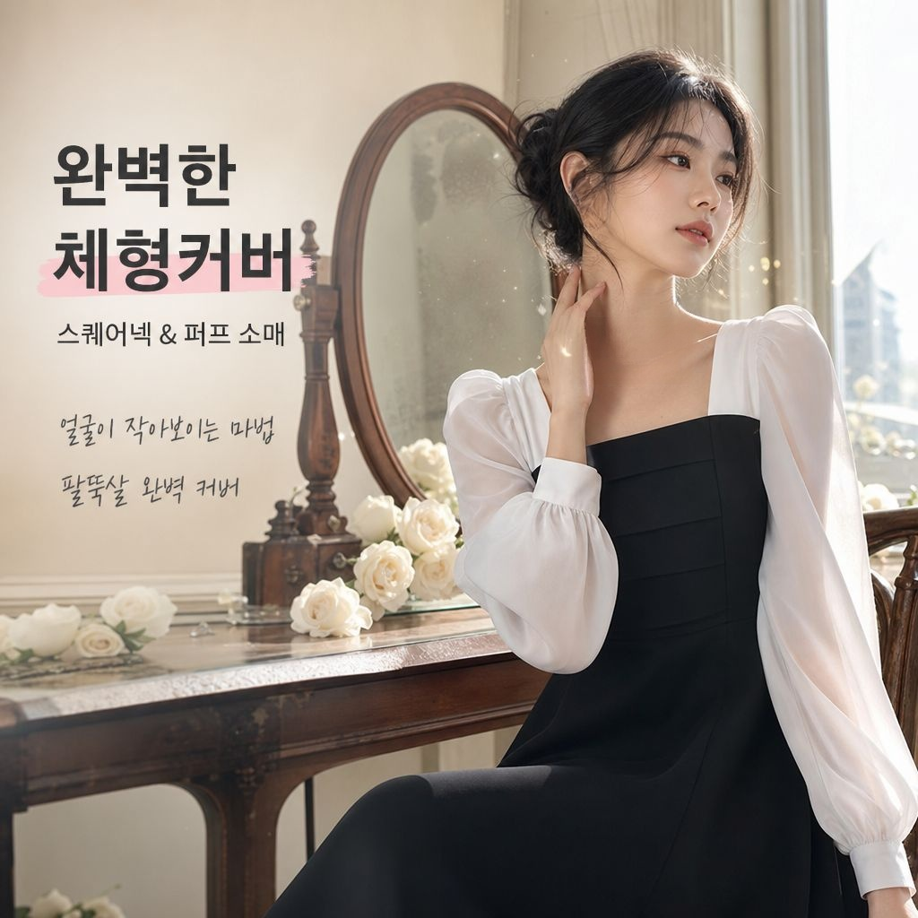 춘추 신상 블랙 네모 옷깃 A라인 원피스