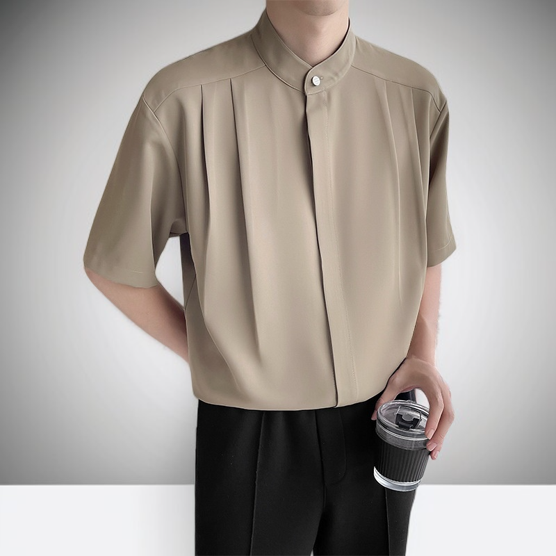 여름 아이스 실크 스탠딩 칼라 미디움 슬리브 남성 셔츠