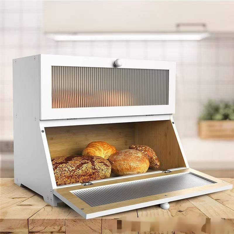 Double-layer bamboo bread box acrylic detachable fruit storage box solid wood snack bread box storag