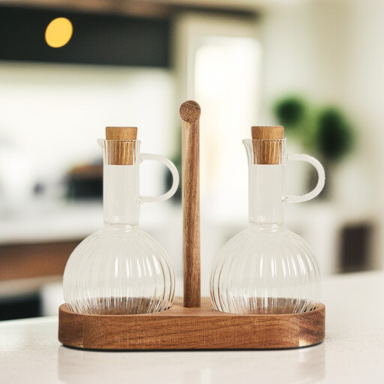 Oil Bottle with Wooden Stopper Kitchen Seasoning Striped Glass Vinegar Soy Sauce Pot