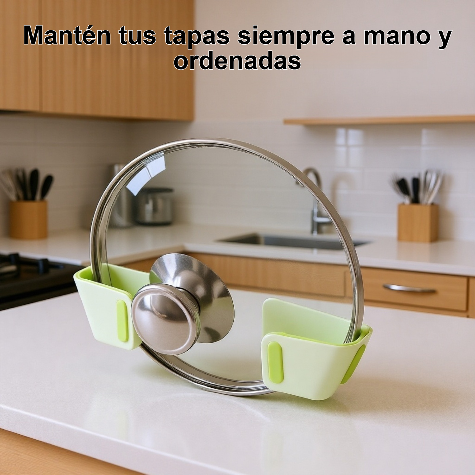 Organizador de tapas de ollas en cocina moderna
