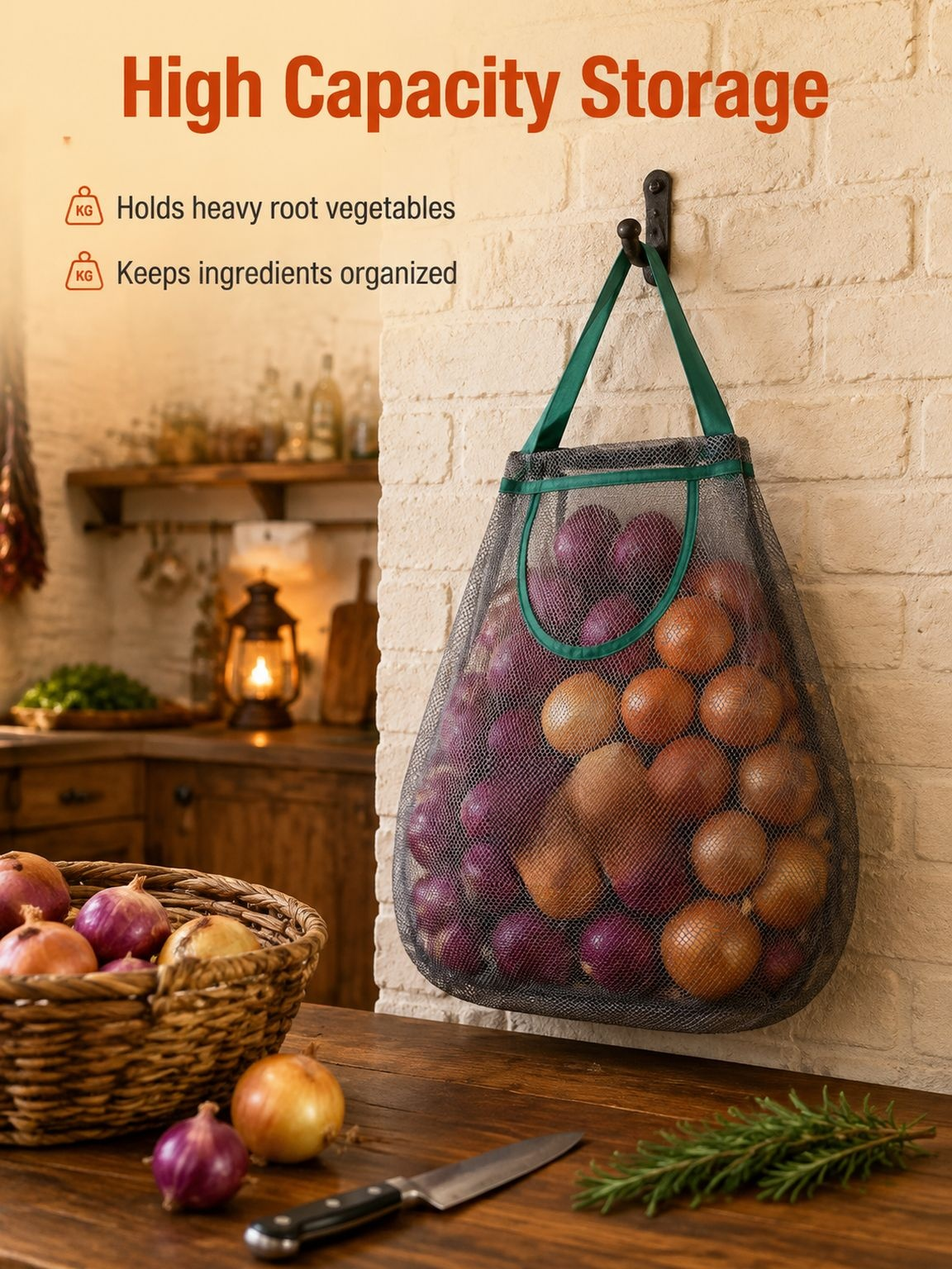 Wall-mounted Garlic & Ginger Organizer Bag, Kitchen Storage Mesh Sack