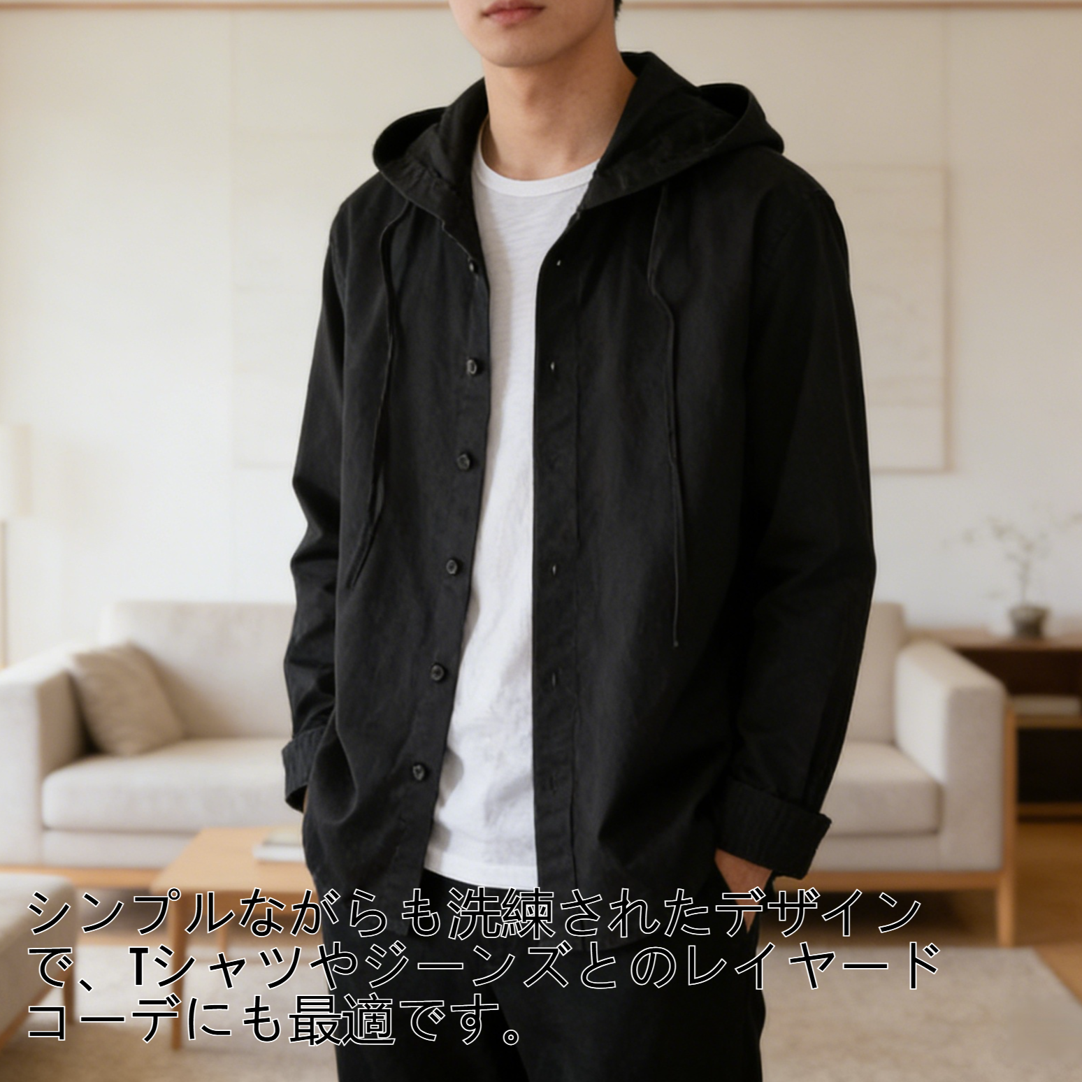 男性モデル着用コットンリネンフード付きシャツ