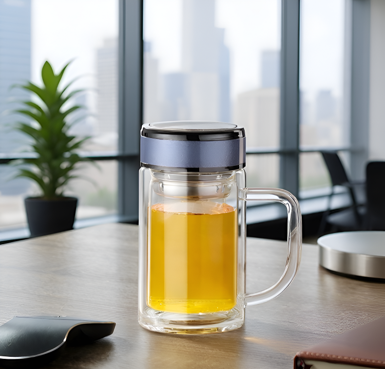 Vaso de vidrio doble pared en uso