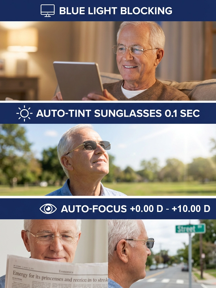 Light-sensitive colour-changing zoom rimless presbyopia glasses 【Men's and women's models】