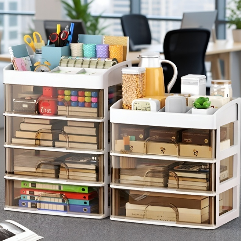 다양한 사무용품이 정리된 서랍 수납장