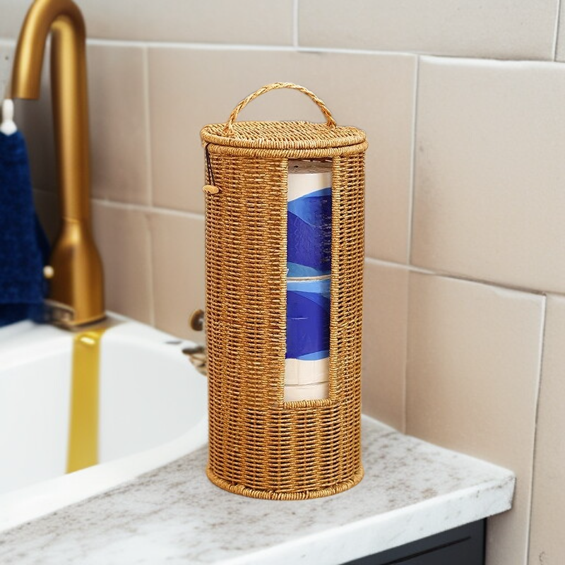 등나무 둥근 띠 덮개 수납 광주리