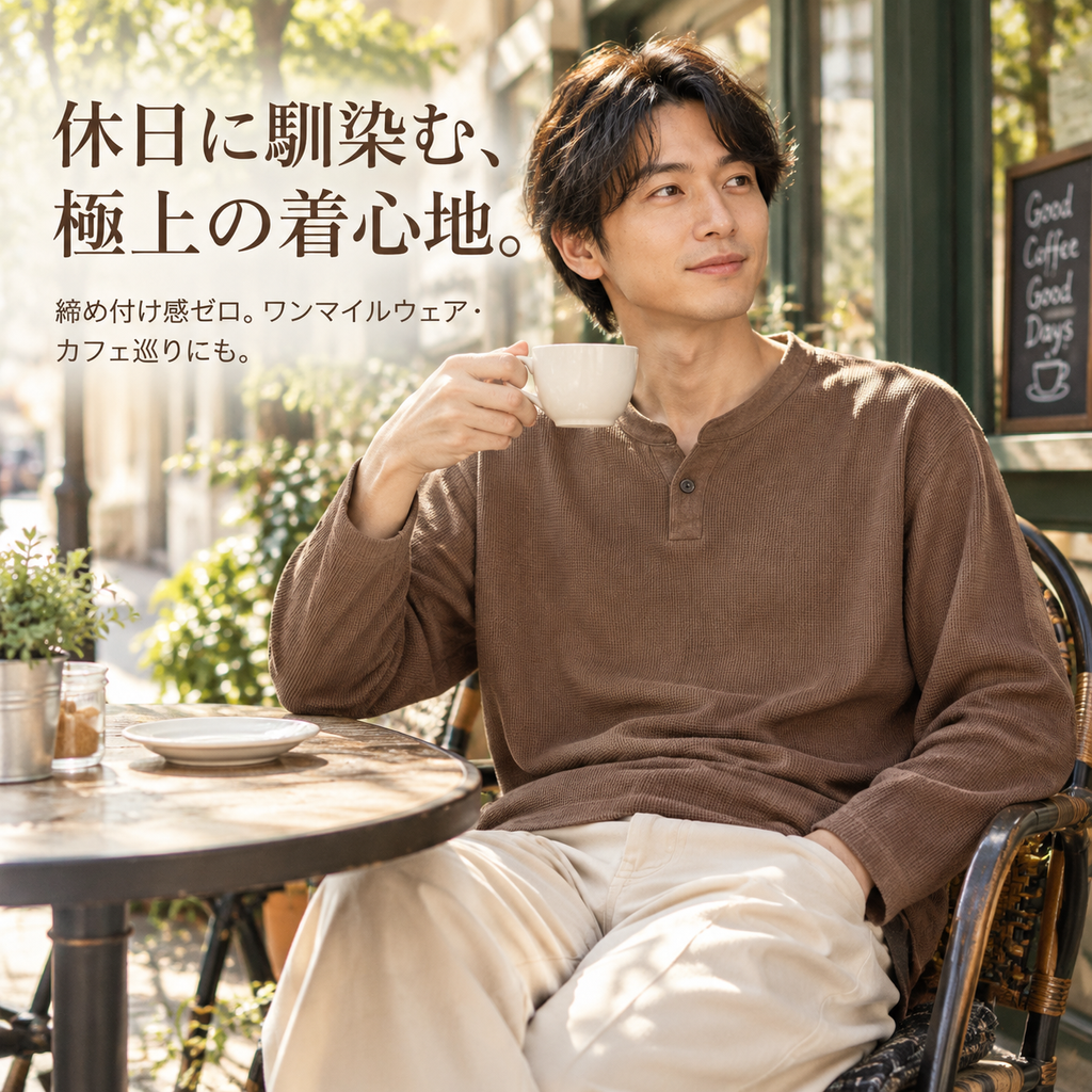 メンズ無地スタンドネック日本風長袖Tシャツ