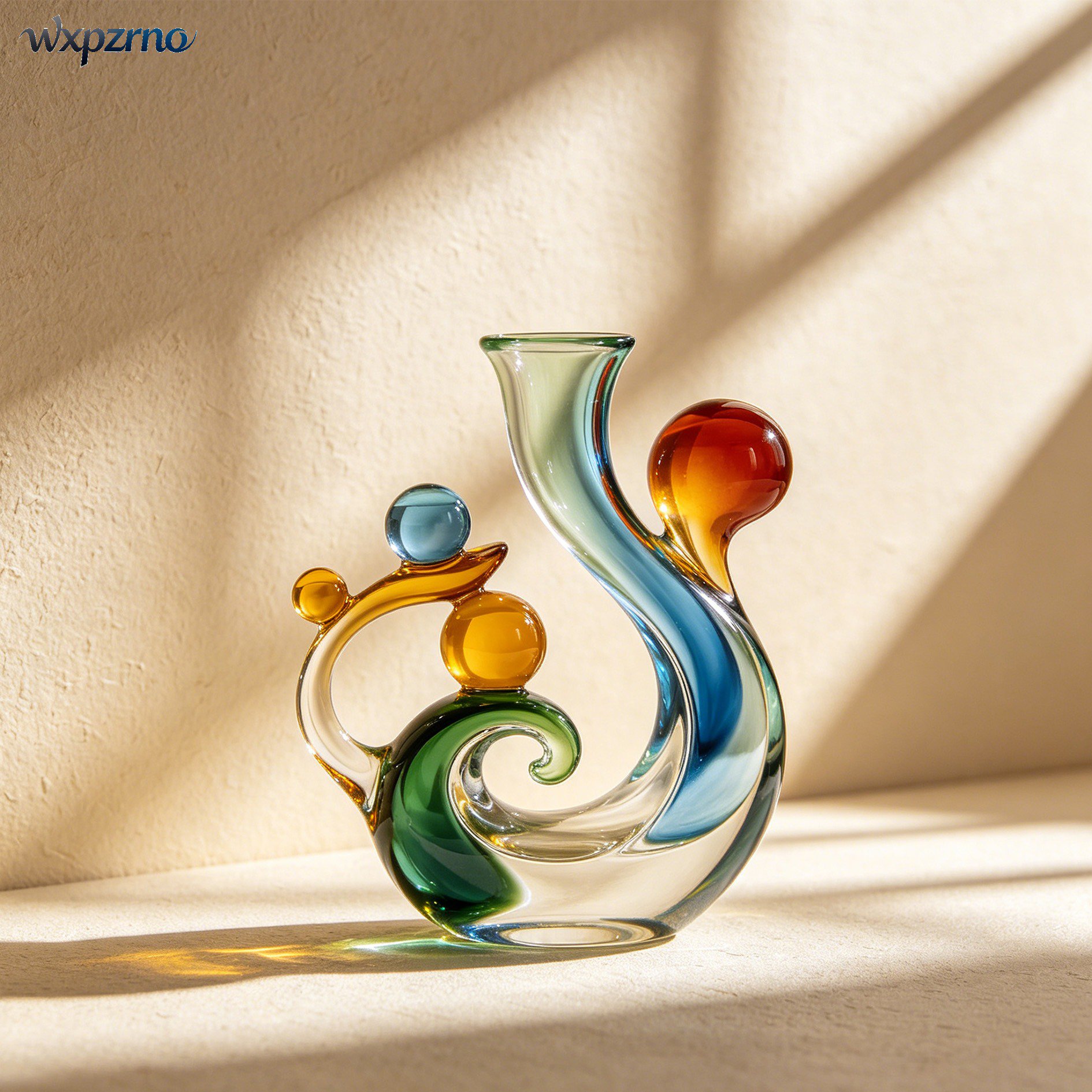 Set of two spiral glass vases on a wooden table