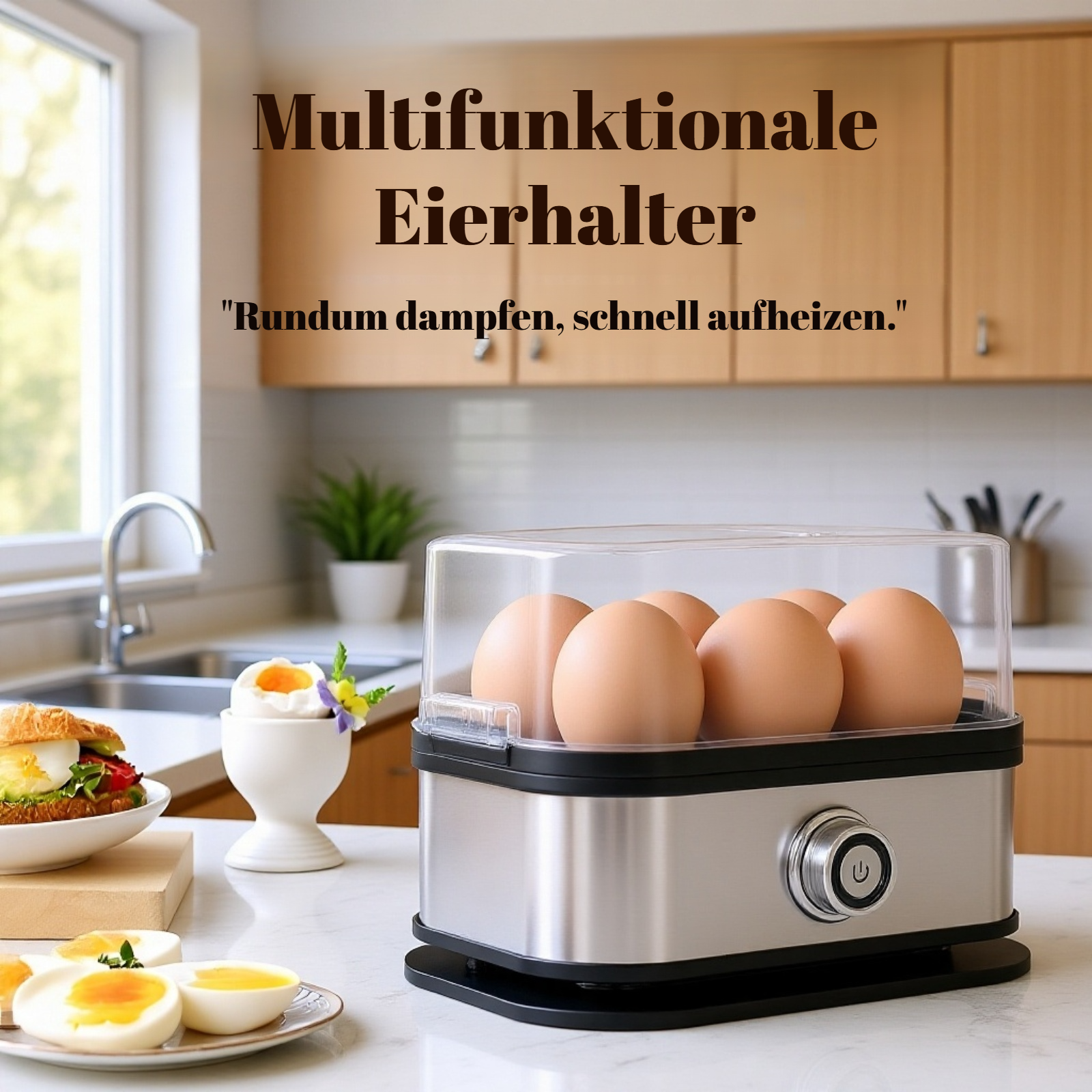 Kompakter Edelstahl-Eierkocher auf der Küchentheke