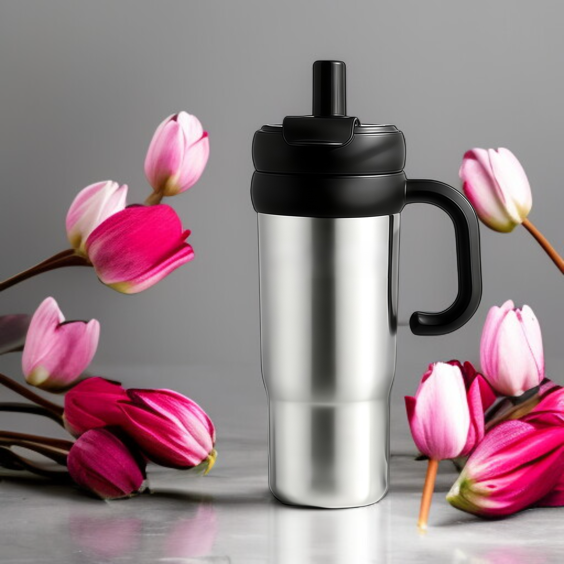 كوب معزول بمقبض وقشة، سعة كبيرة، كوب دوار