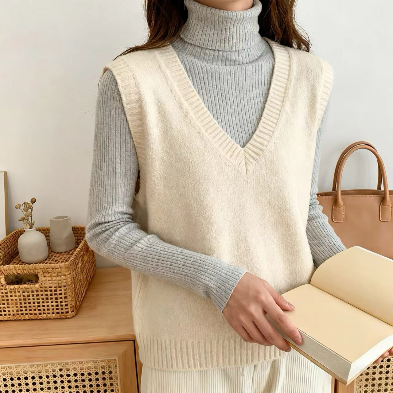 베이지색 니트 조끼 착용샷