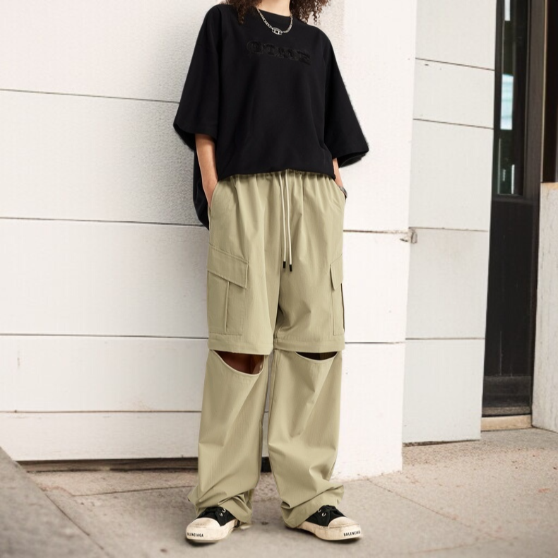 남성 아웃도어 캐주얼 팬츠 멀티 포켓 탈부착 체크 카고 바지 와이드 텍스처 캐주얼 팬츠