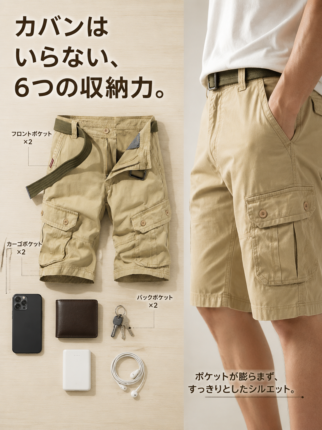 日系メンズ夏用多ポケットワークショーツ トレンドカジュアル五分丈
