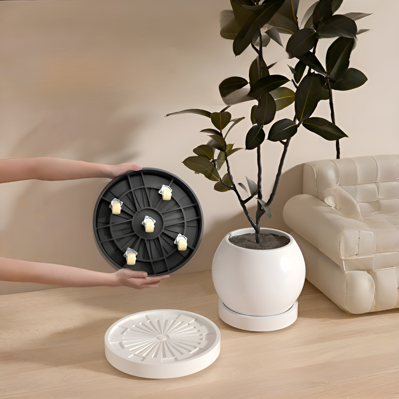 ฐานรองกระถางต้นไม้เคลื่อนที่ได้ พร้อมกล่องเก็บน้ำแบบลิ้นชัก เงียบและไม่รบกวน