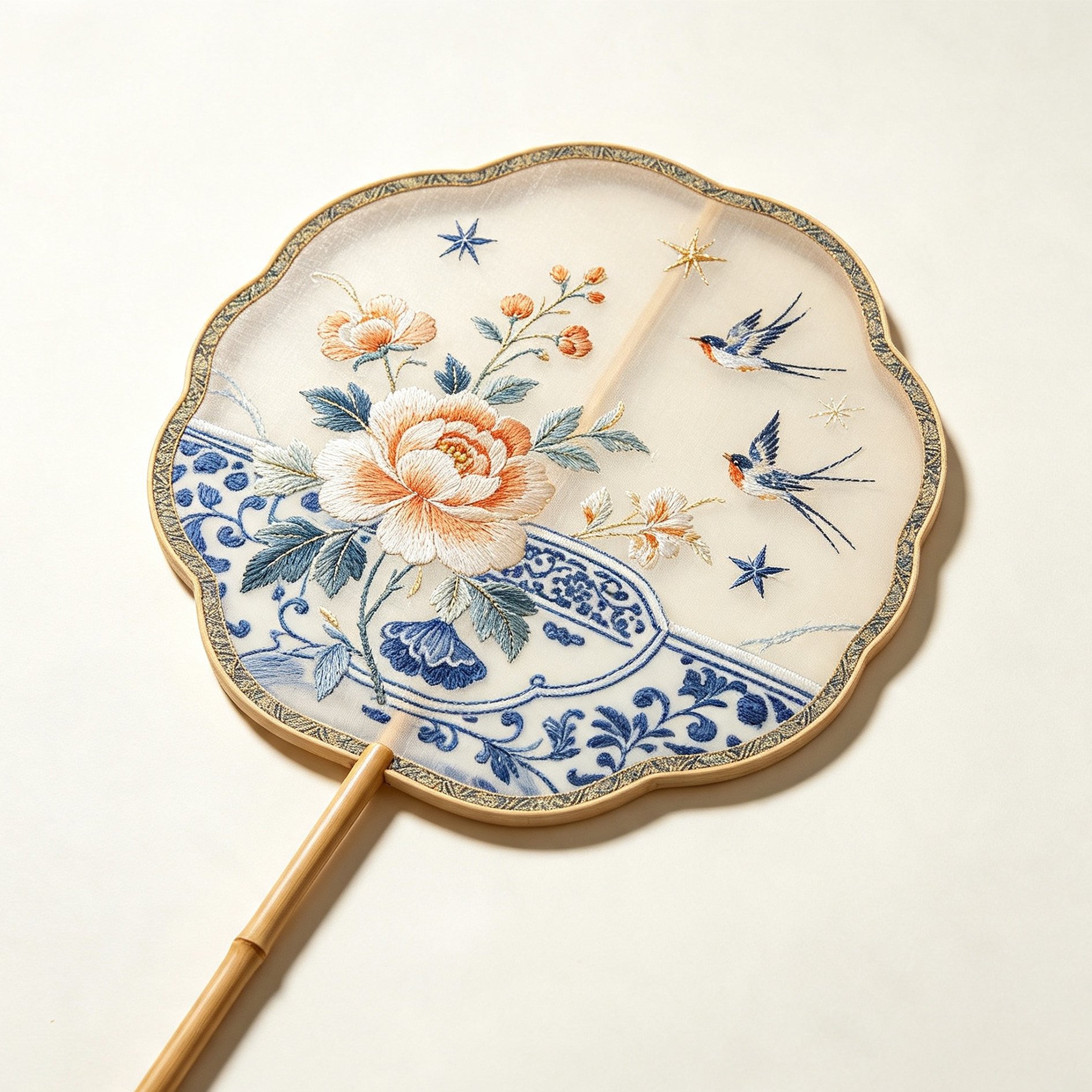 Swallow Lotus Round Fan with elegant silk design