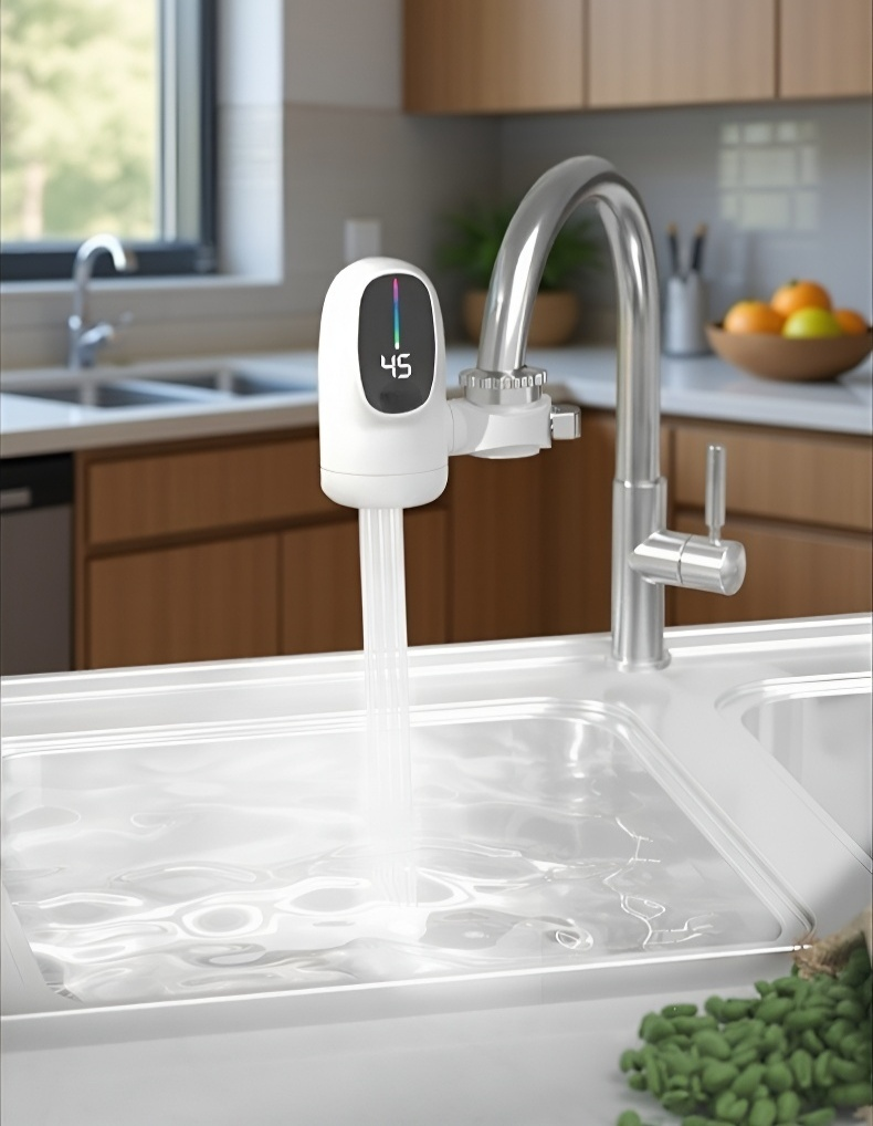 주방에 설치된 현대적 디자인의 즉열 수도꼭지