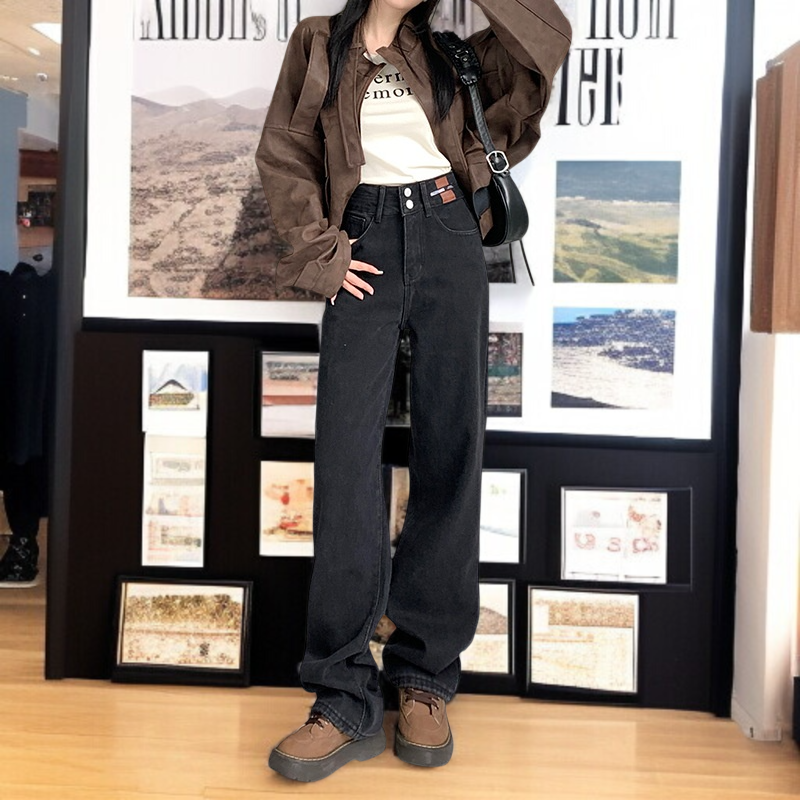 ハイウエストストレートドラッグパンツ プチゆるジーンズ エアリーワイドレッグドラッグパンツ