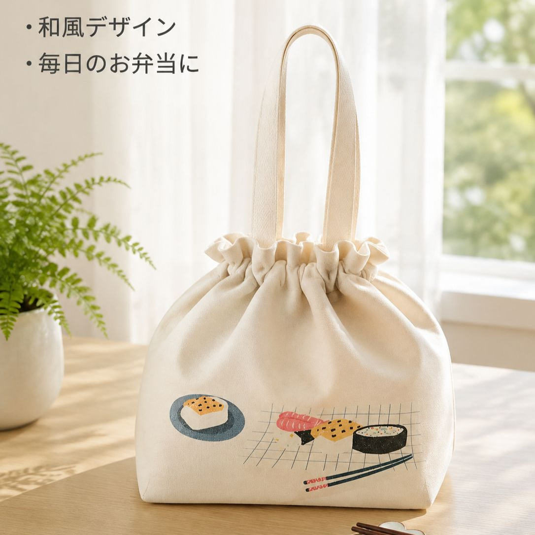 厚手保温和風弁当袋 携帯用キャンバス巾着トートバッグ
