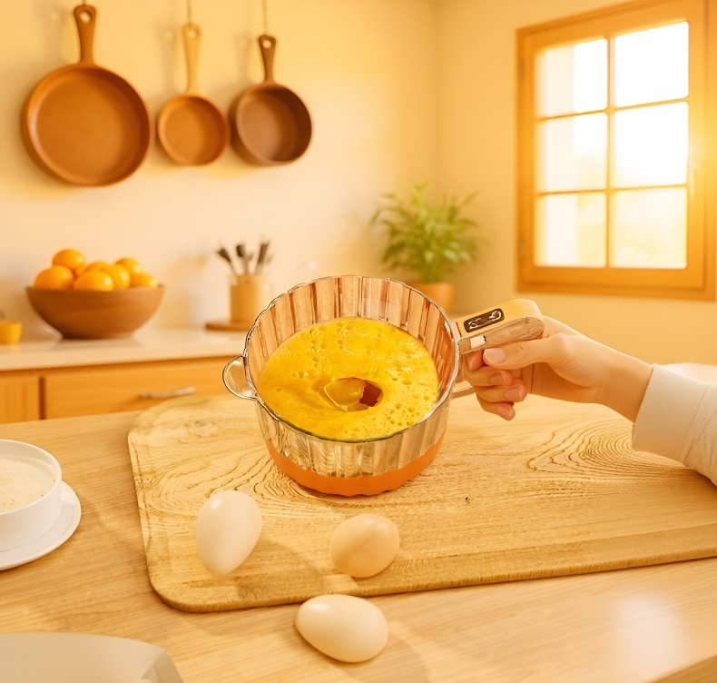 Vista detallada del batidor de huevos con material alimenticio seguro