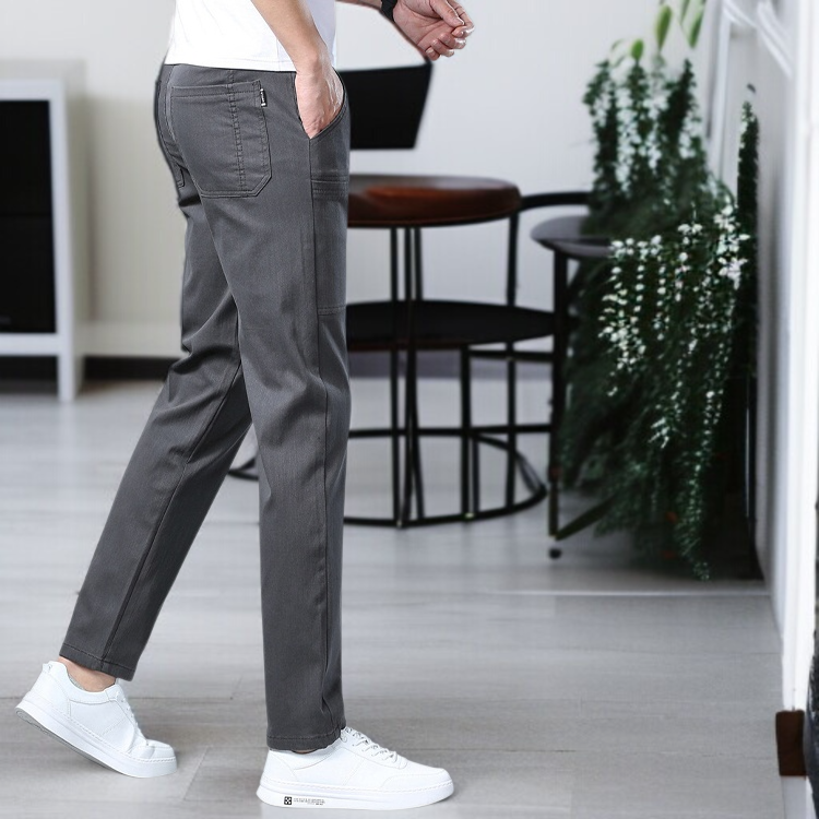 남자 여름 캐주얼 팬츠 작은 일자 아이스 원단 고탄력 팬츠 디자인 남자 데님라이크 6포켓 밴딩 허리 얇은 캐주얼 팬츠