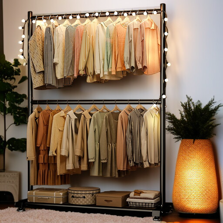 移動式雙層衣架支架系統多功能衣帽架衣物掛架衣櫥