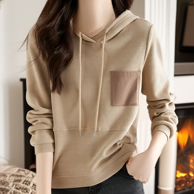 유럽 스타일 컬러 블록 포켓 후드티 가을 캐주얼 루즈핏 스트리트 패션 기본 티셔츠