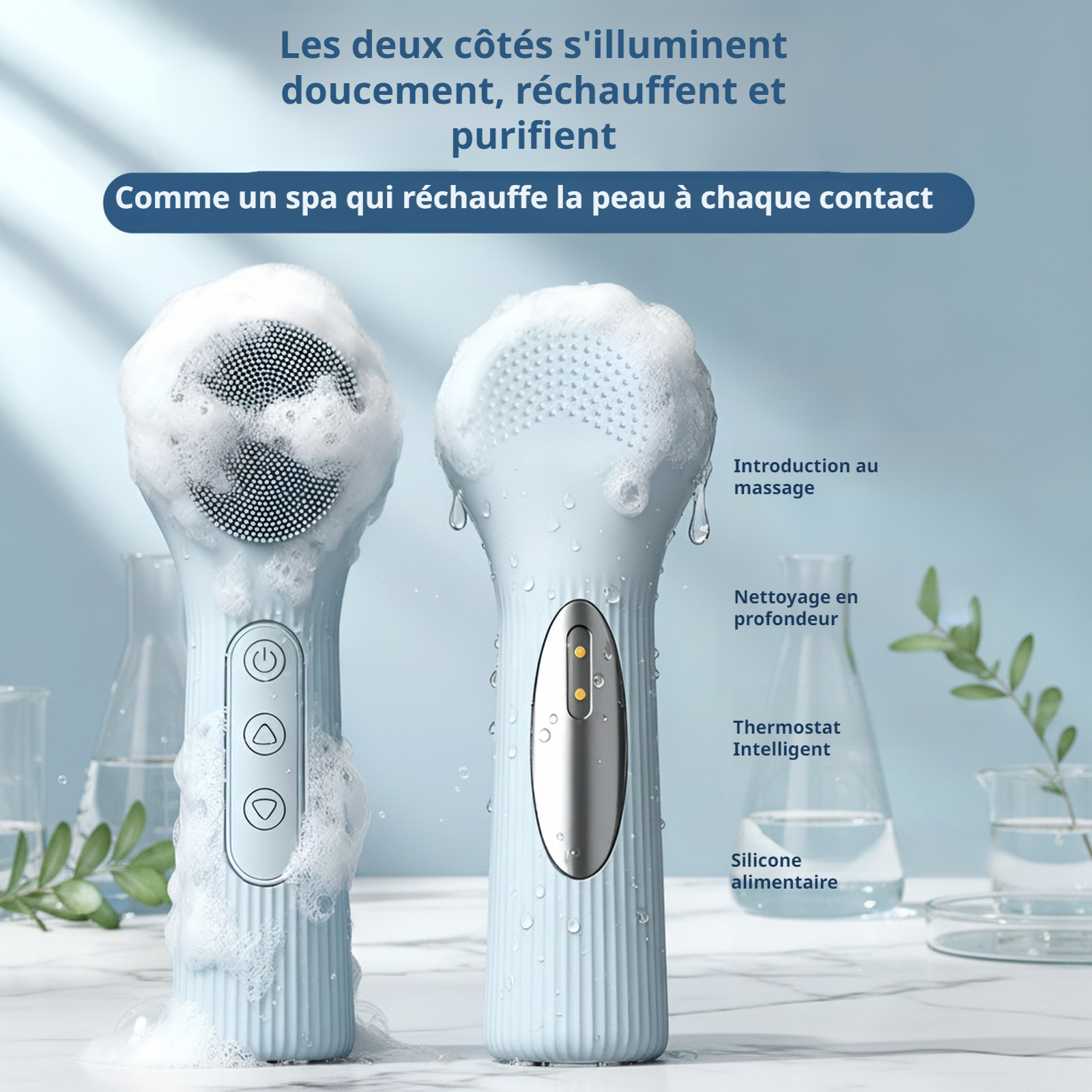 Nettoyeur facial en silicone électrique, vibration sonique chauffante, réglage de 9 températures