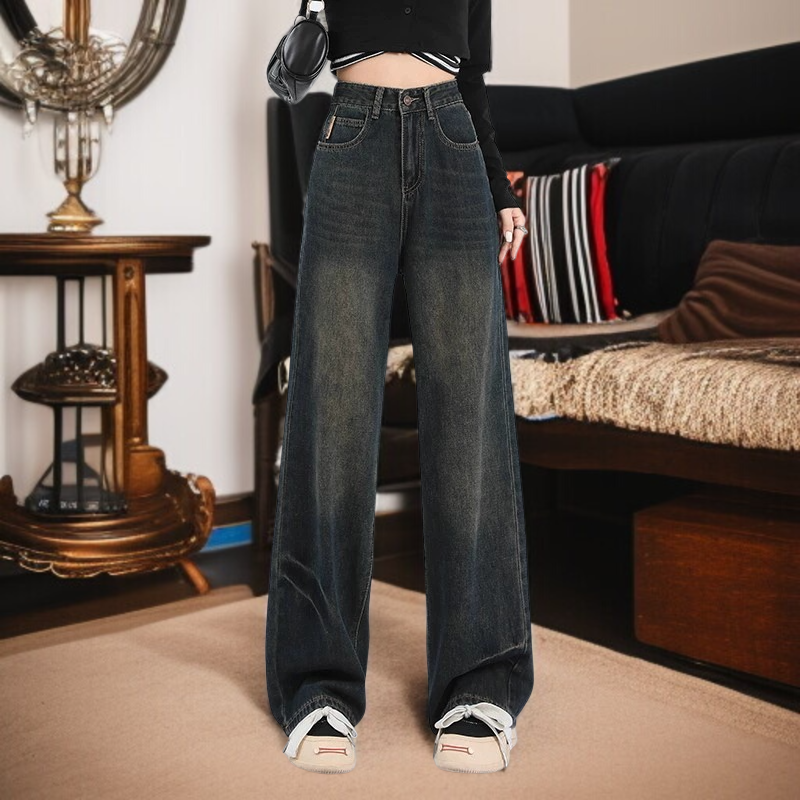 키 작은 여자 청바지 여하이웨스트 슬림핏 통 청바지 시멘트 스트레이트 진